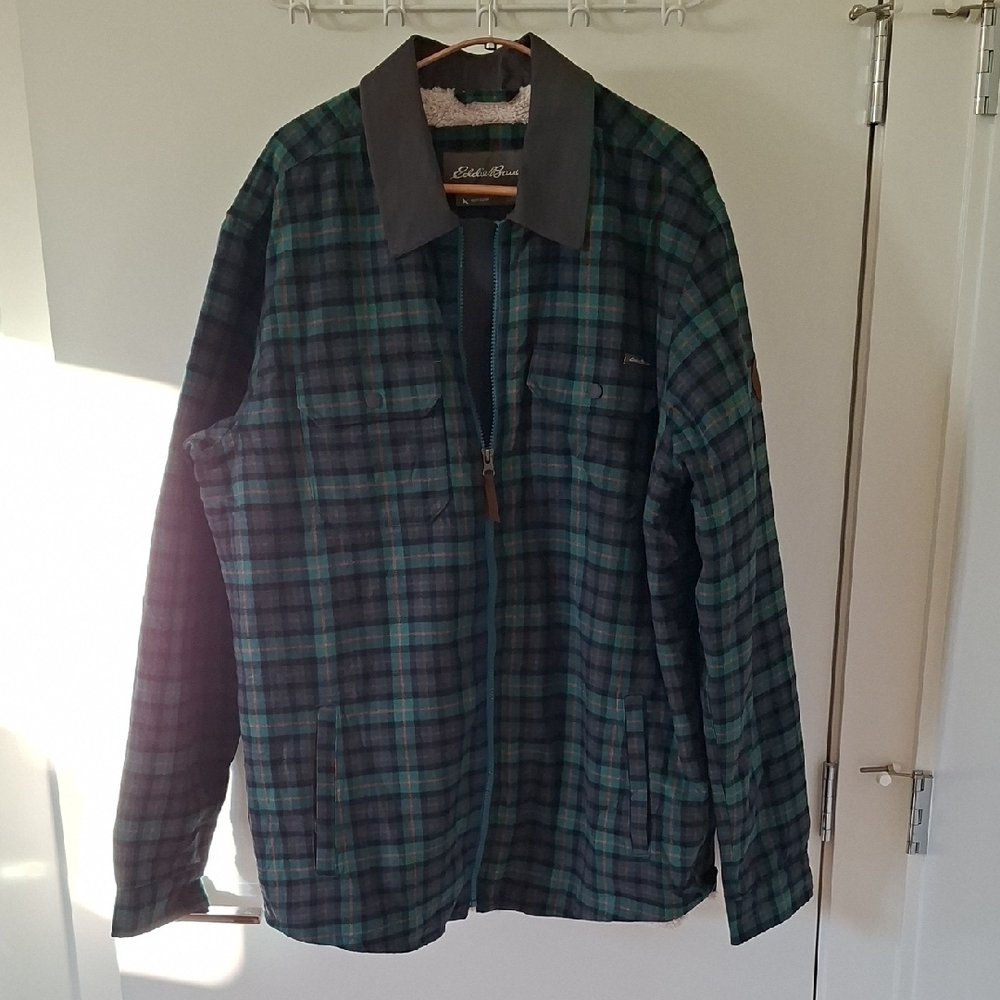 Eddie Bauer Men's Blue & Green Plaid Fleece-lined Shirt Jacket (US Tall L)